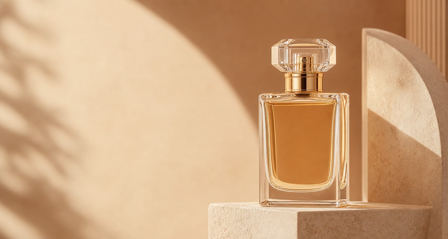 Elegant amber perfume bottle in a warm ivory studio setting
